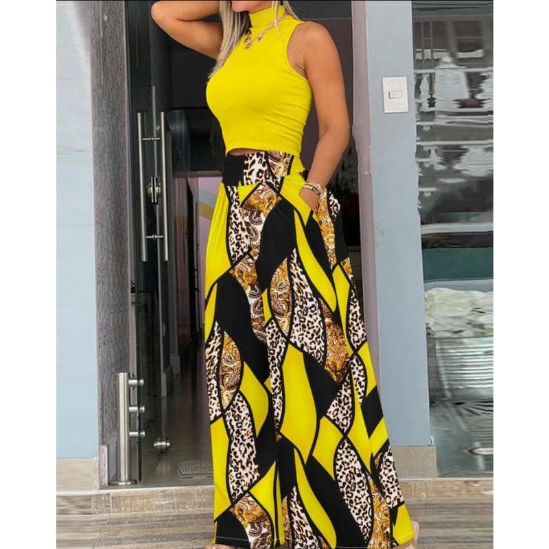 Women's Sleeveless Printed Vest Two-piece Summer Set XL yellow