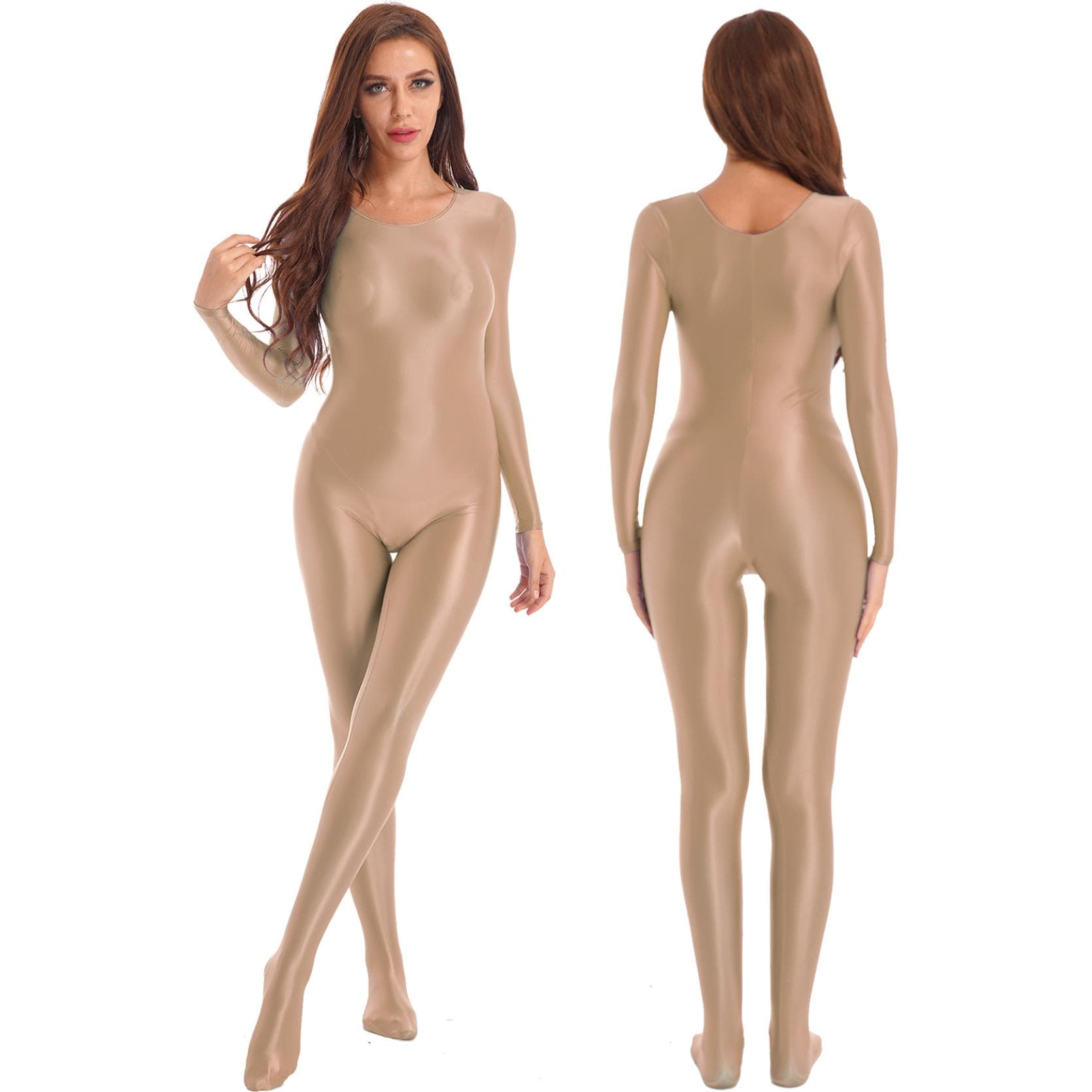 Womens Glossy Smooth Full Body Leotard Bodysuit Jumpsuit Long Sleeve Bodystocking for Sports Fitness Rave Party Clubwear M coffee