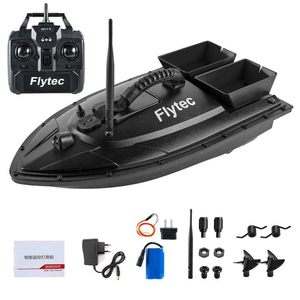 Flytec Fishing Bait Boat 500m Remote Control Bait Boat Dual Motor RC Fish Finder 1.5KG Loading with EU Plug black