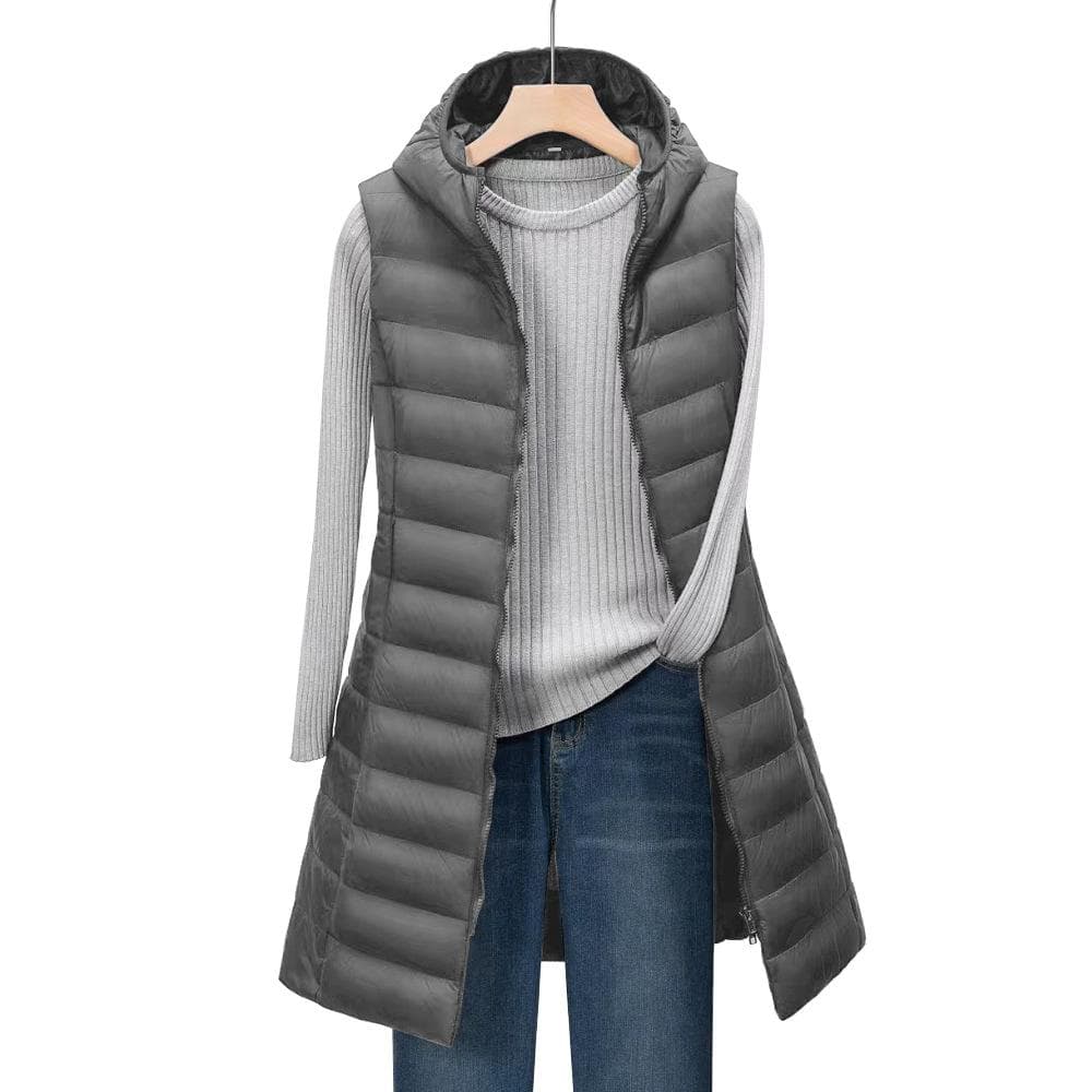 Autumn and Winter Women's Mid-length Hooded Lightweight Down Jacket Vest and Cotton Vest M grey