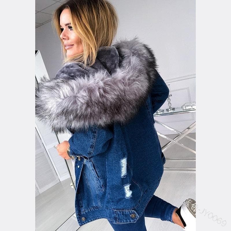 New Plush Collar Women's Slim Cotton-padded Denim Jacket 5XL