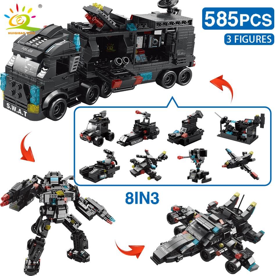 1SET 454-585PCS 8in1 SWAT Police Command Truck Building Blocks City Helicopter Bricks Kit Educational Toys for Children MYY 585pcs