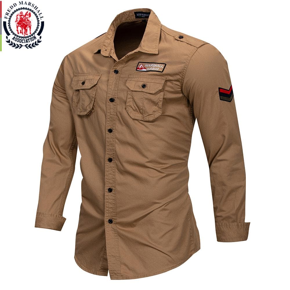 Fredd Marshall 2021 New 100% Cotton Military Shirt Men Long Sleeve Casual Dress Shirt Male Cargo Work Shirts With Embroidery 115 XL khaki