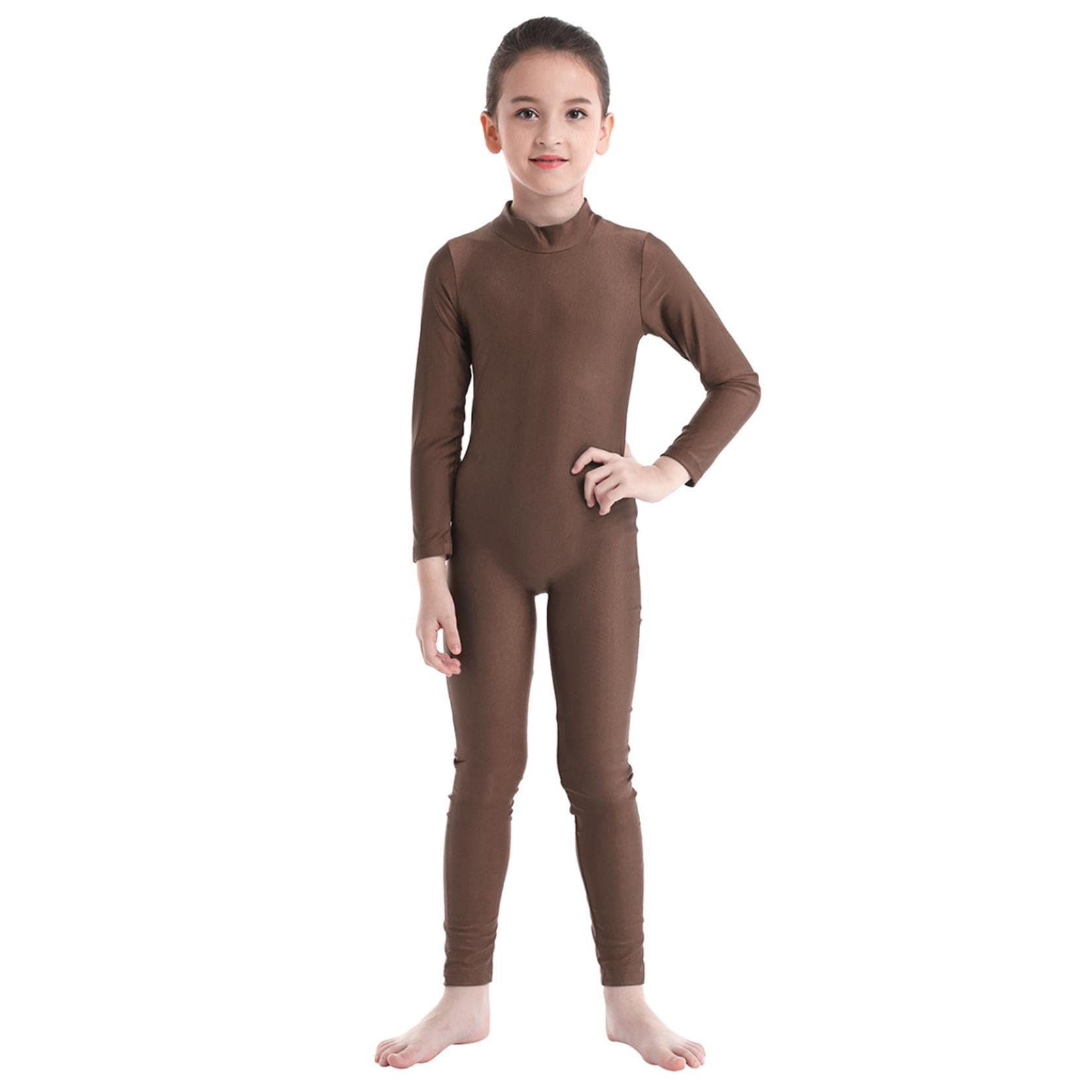 Children Girls Long Sleeve Dance Gymnastic Leotard Unitard Full Length Bodysuit Costume Dance Wear 3-4 Years brown