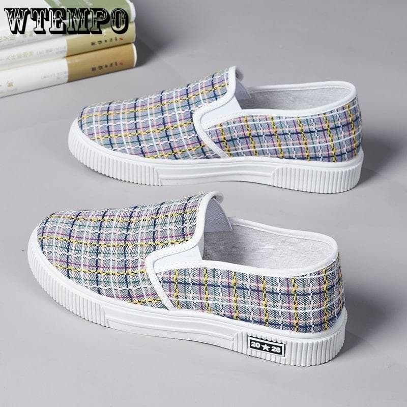 Women Canvas Shoes Casual Vulcanize Shoes Woman Flats Shoes Breathable Plaid Shoes Ladies Espadrilles 38 grey