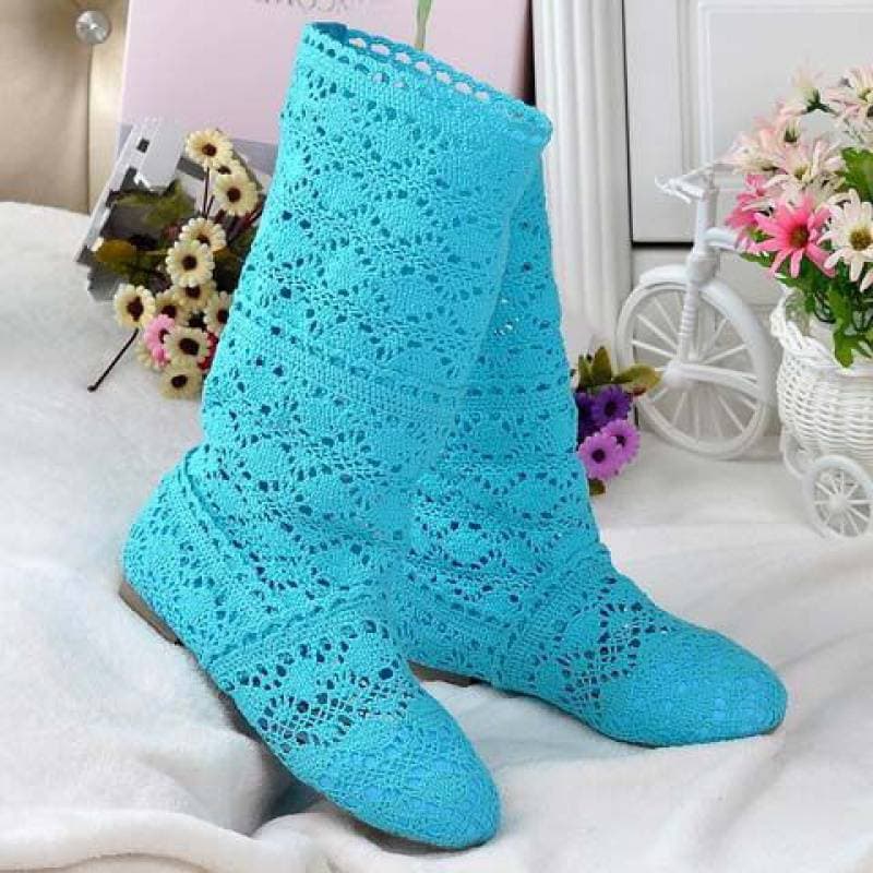 Lace Hollow Boots Shoes Breathable Knit Line Mesh Korean High Summer Women Boots Knee High Womens Shoes 35 tan
