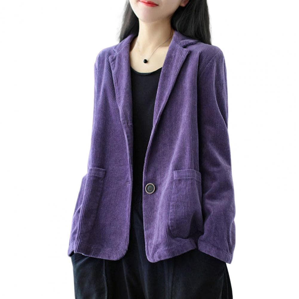Corduroy Suit Coat Women Autumn Retro Loose Fit Single-Breasted Suit Jacket Lapel Long Sleeve Solid Color Business Coat with Poc M purple
