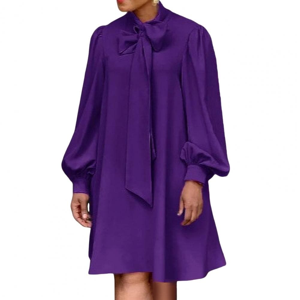 Women Loose Dress Lace-up Bow Neck Long Lantern Sleeves Solid Color Knee Length Formal OL Commute Midi Dress S purple