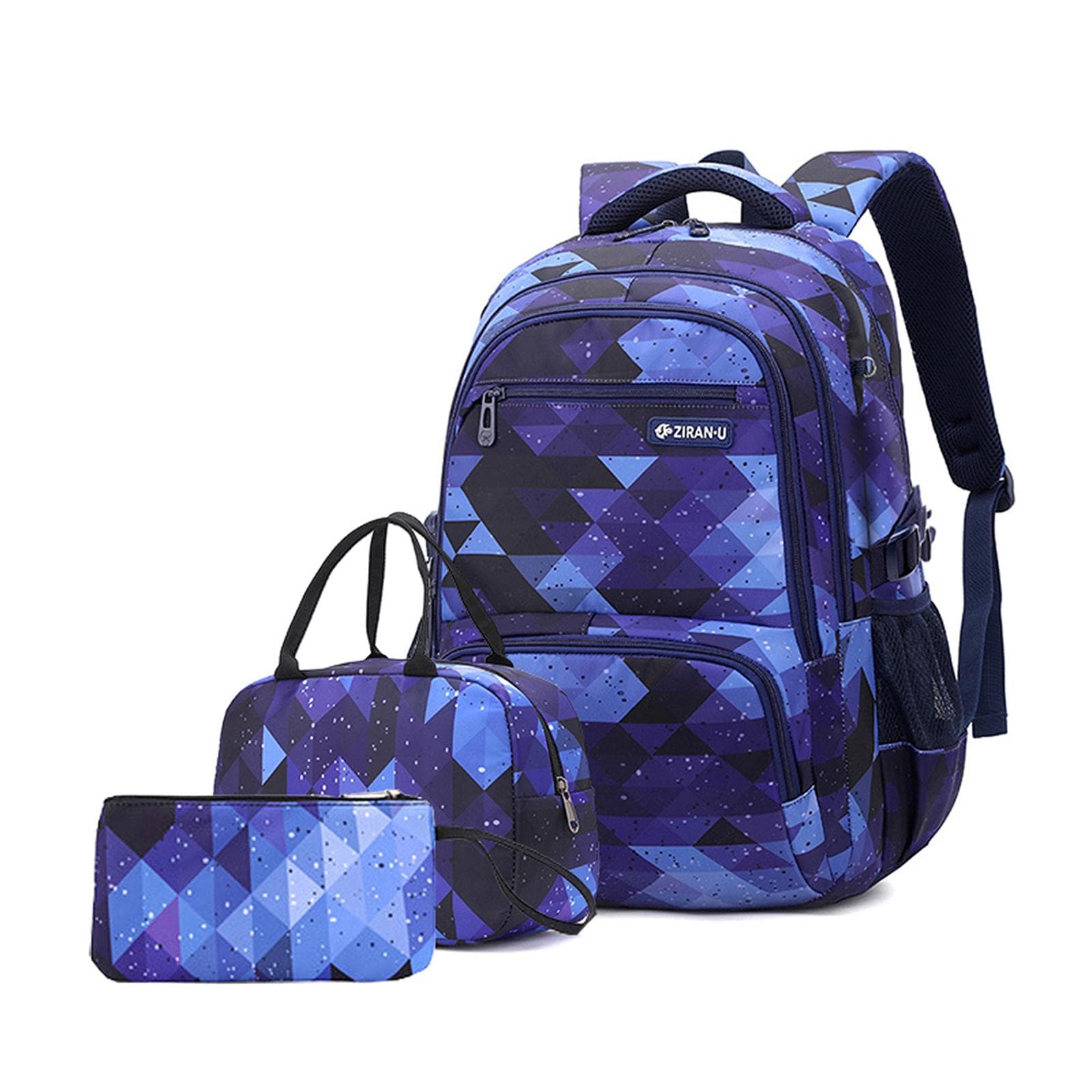 Primary and Secondary School Students Backpack Waterproof Schoolbag with Lunch Bag and Pen Bag blue