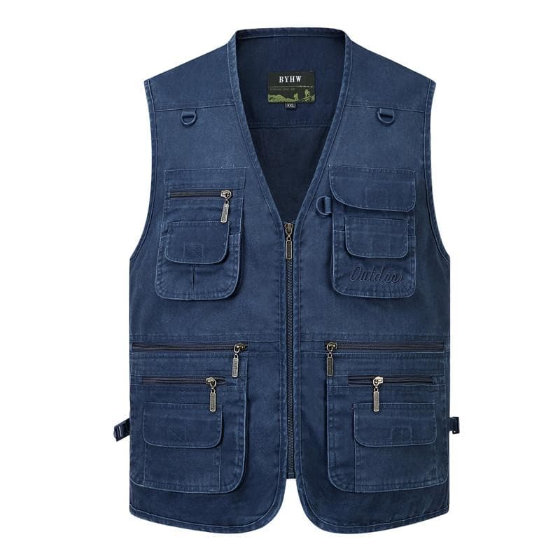 L-6XL Big Size New Men Multi Pocket Cotton Vest Casual with Many 14 Pockets Sleeveless Jackets Male Outdoor Photograph Waistcoat 3XL blue