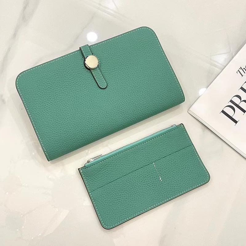 Luxury Genuine Leather Women Wallets Long Cowhide Purse High Capacity Gold-tone Hasp Clutch Bag Brand Design Ladies Billfold light green