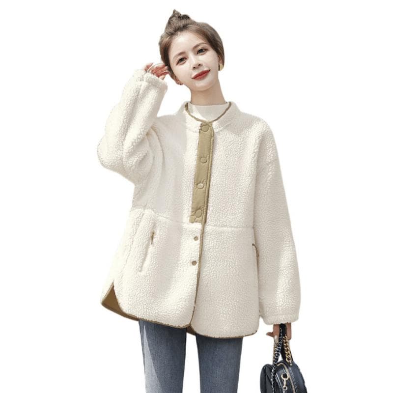 Winter New Korean Large-size Women's Clothing Stand-up Collar Lamb Wool Coat Loose Color Matching Thickened Coat 2XL