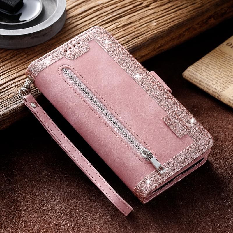 Luxury Glitter Wallet Case with 9 Card Slots for Samsung iPhone Huawei Xiaomi Redmi Zipper Leather Flip Cover OPPO A57 4G/5G pink