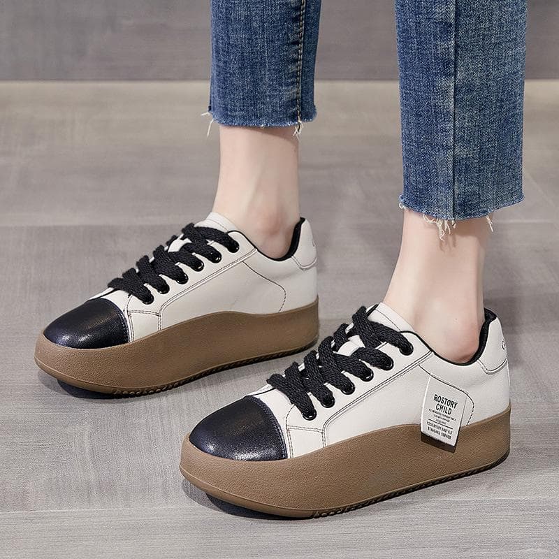Genuine Leather White Shoes Women's Autumn Retro All-match Sneakers Thick-soled Women's Shoes Niche Virtue Training Rocking Shoes 40
