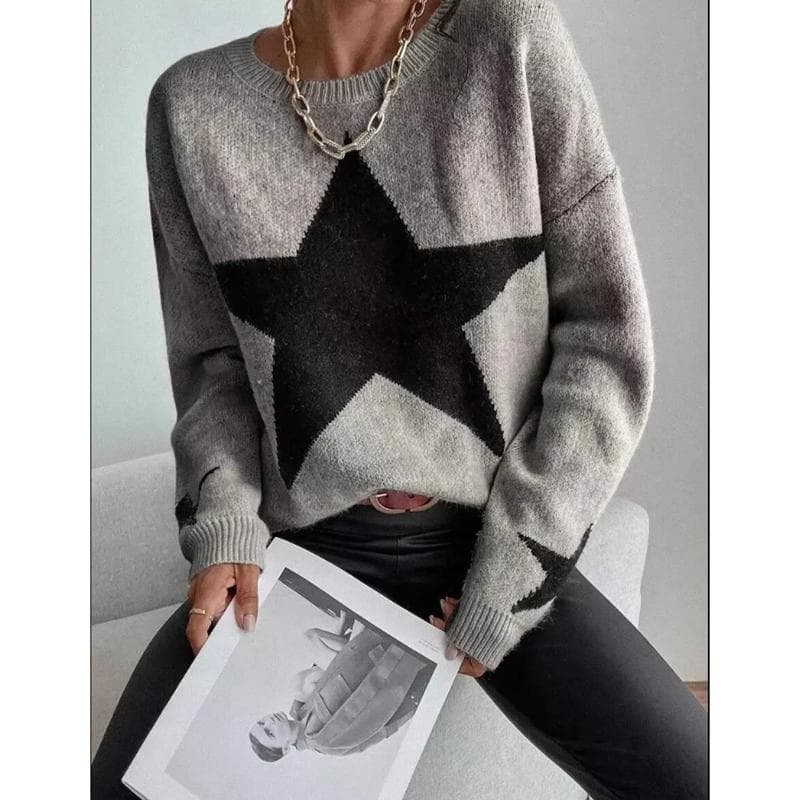 Knitted Women's Sweater Loose Casual O-neck Star Thick Casual Pullover Female Jumper Elegant Winter Autumn Trendy Sweater M grey