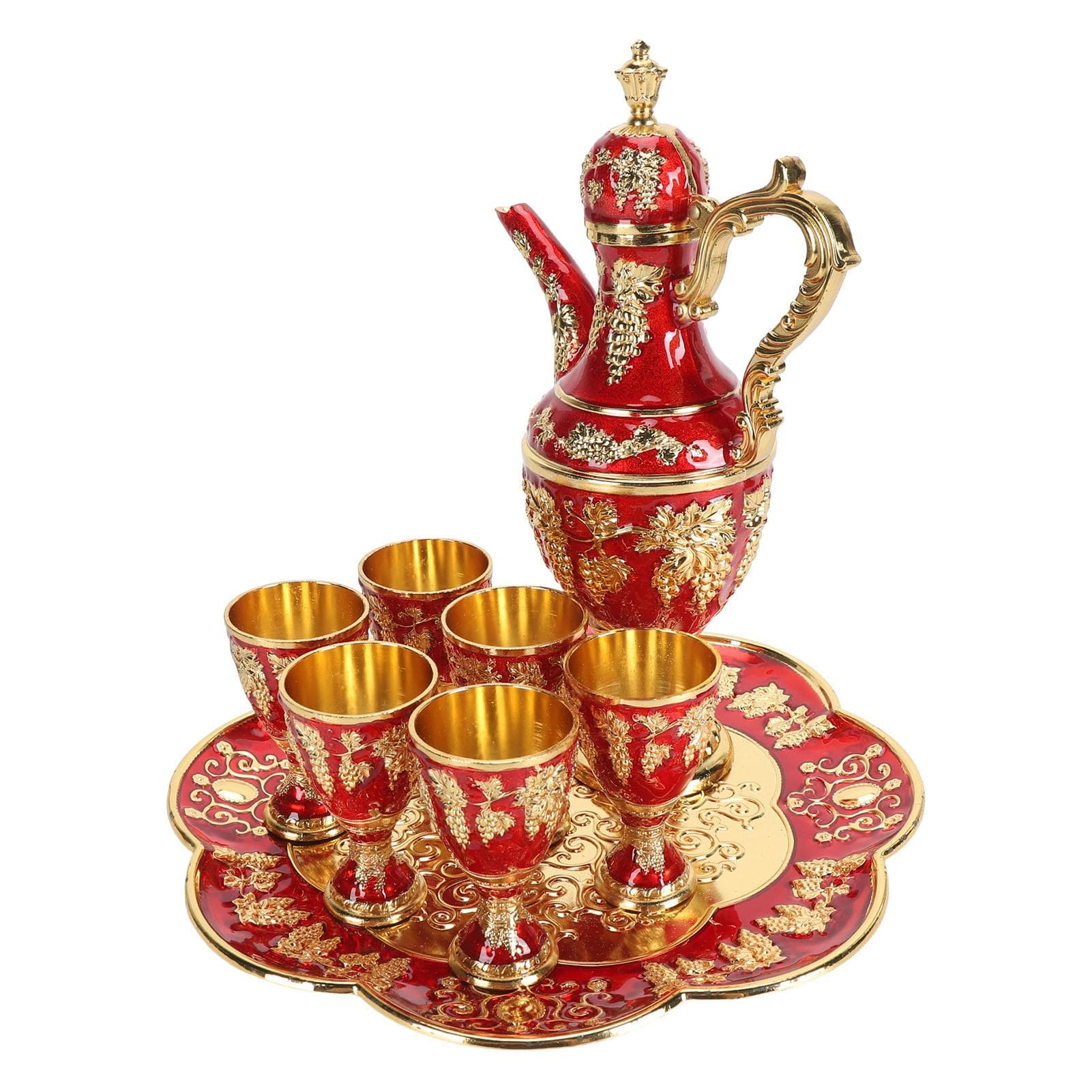 Turkish Coffee Pot Cup Set Vintage Exquisite Elegant Metal Tea Pot Set with 6 Cups for Tea Table L red