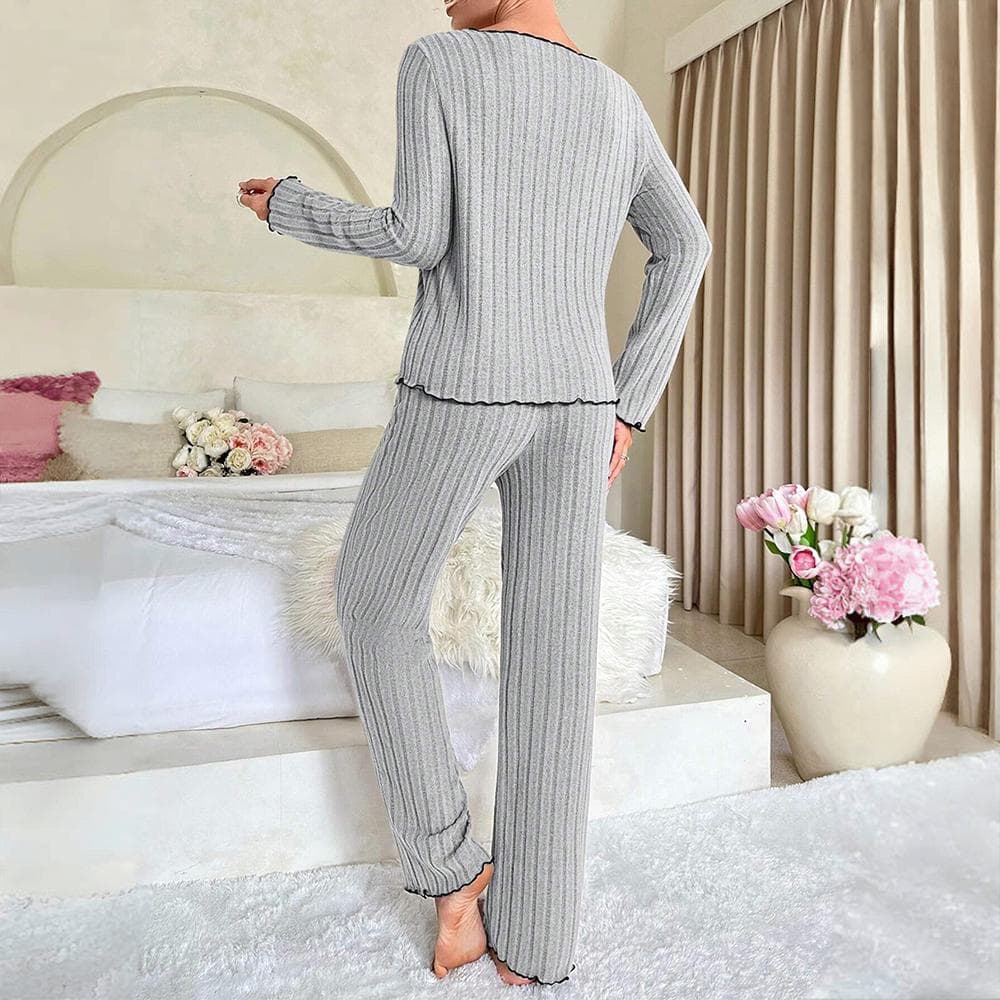 Women Pajamas 2 Piece Women's Pit Stripe Knit Long-sleeved V-Neck Top Trousers Suit Winter Casual Warming Nightwear Home Clothes XL