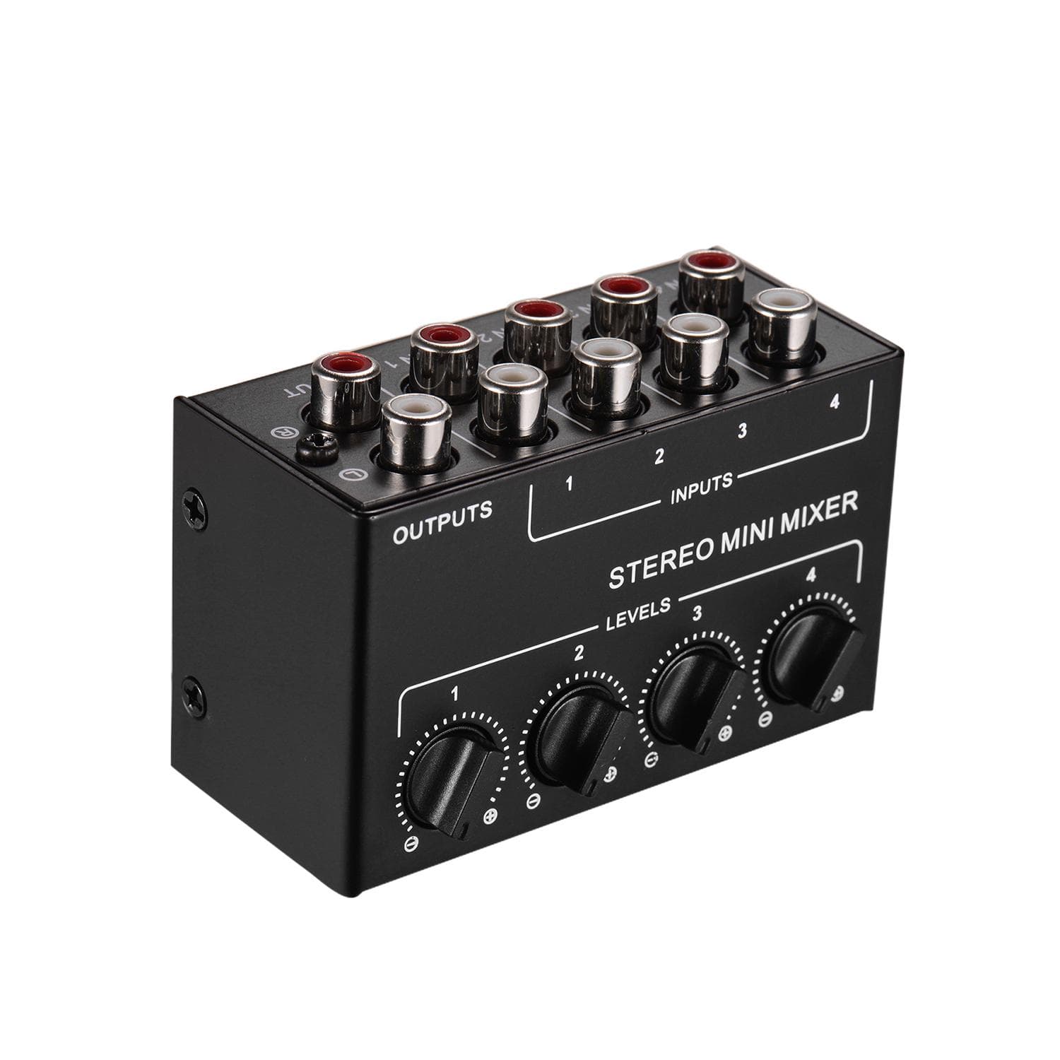 Mini Stereo Audio Mixer with 4-Channel RCA Inputs Separate Volume Controls black