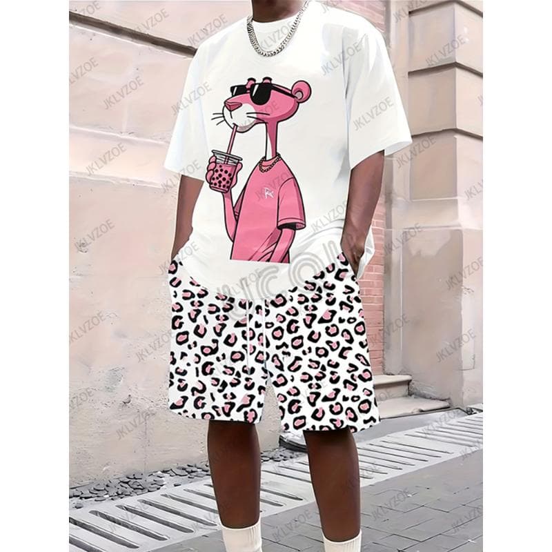 2025 New Men's Tracksuit Sets Pink Panther Short Sleeve T-Shirt Suit Casual Suit Sports Streetwear Shorts 2 Piece Male Clothes 5XL