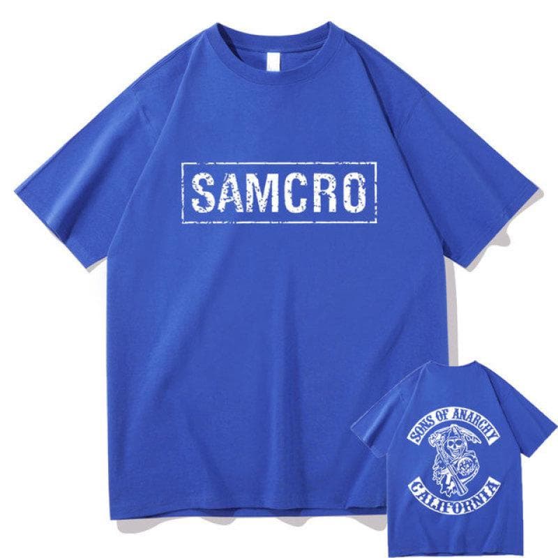 Sons of Anarchy SAMCRO Double Sided Print Tshirt Men Womnen Fashion Hip Hop Rock Tees Short Sleeve Summer Cotton T Shirts Tops L blue