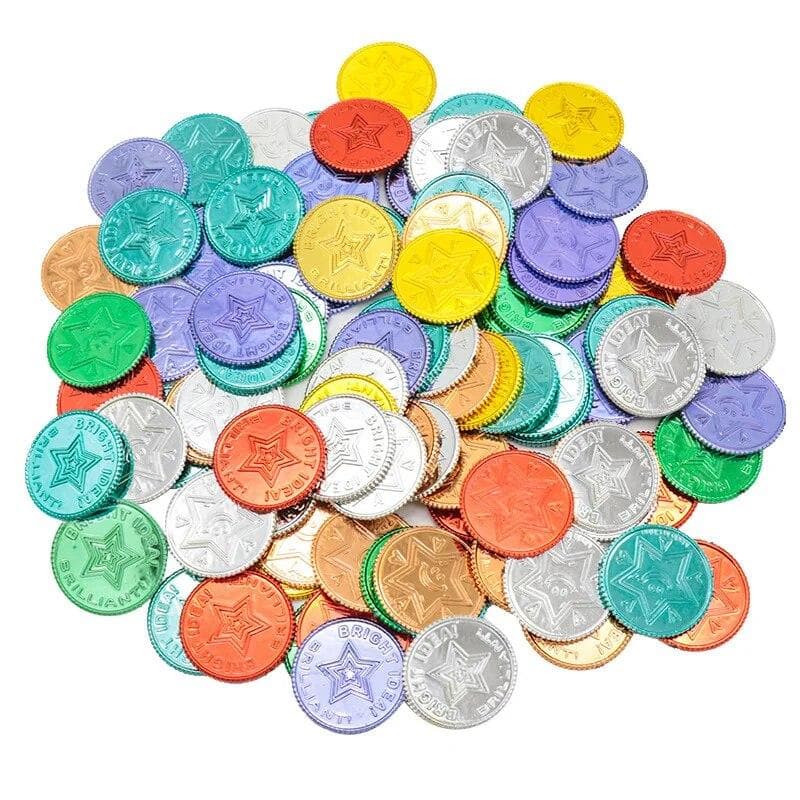 100pcs Christmas Event Game Treasure Pirate Gold Coin Seven Color Lucky Coin Wish Plastic Gold Coin Props for Wedding Party Deco
