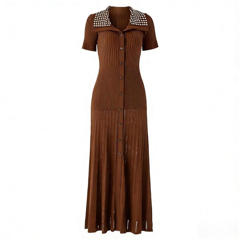 2025 European Hot-Fix Rhinestone Knit Dress, Short Sleeve Lapel Style Medium coffee