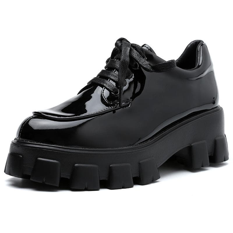 Platform Shoes Women's Thick Bottom New Black Patent Leather 6CM Height Increase All-match Lace-up Casual British Single Shoes 40