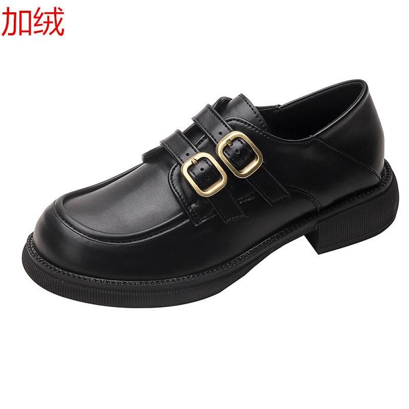 Slip on British Small Leather Shoes Women's New Retro Thick-soled Loafers Soft Leather Mid-heel Plus Velvet Shoes 40