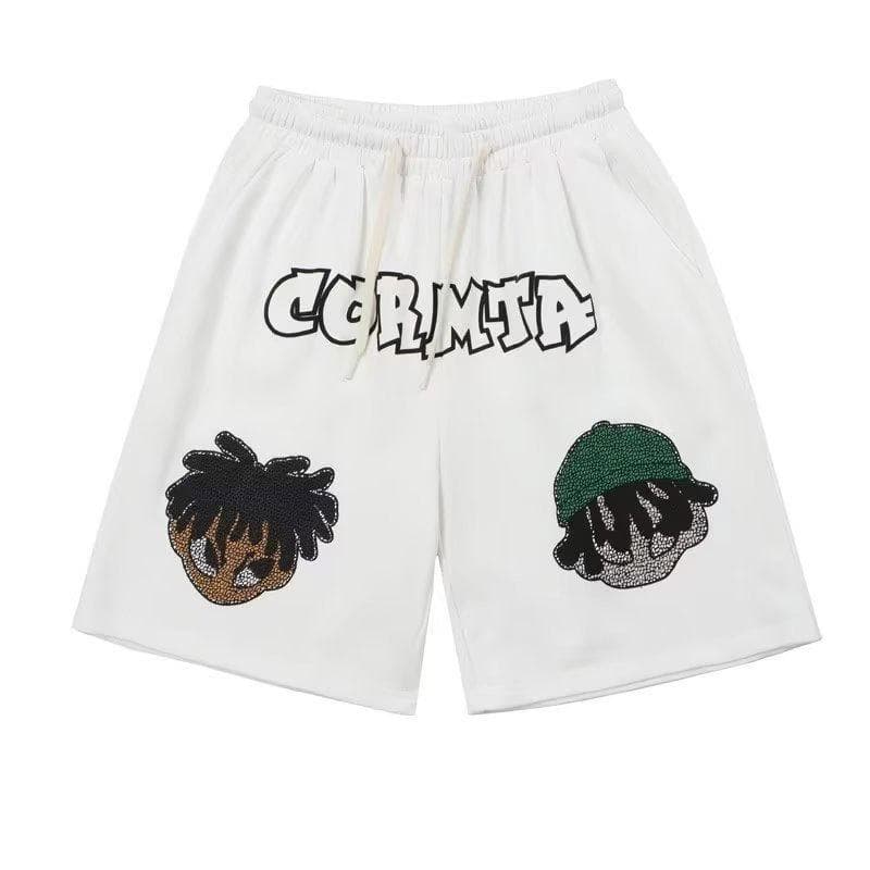 Casual Pants Retro Cartoon Printed Sports Shorts Men's Street Straight Loose Five-point Pants 5XL white