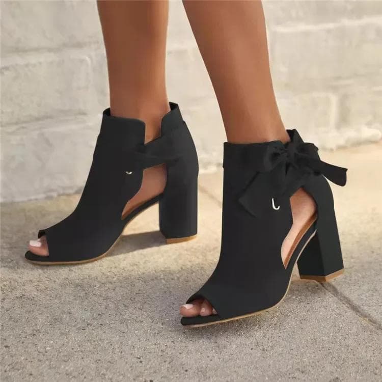 Women Chunky High-heeled Pumps 2024 ummer Cloth Side Empty Knotbow Black Red Sandals Casual Peep Toe 36 black