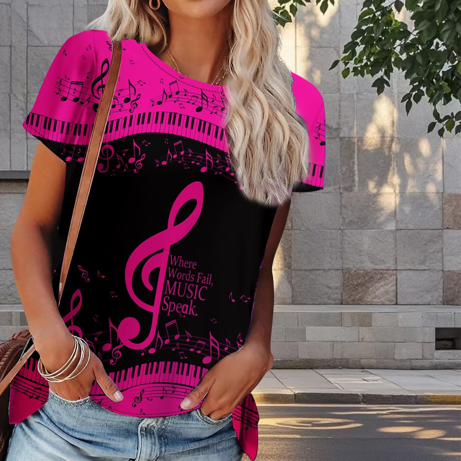 Women Summer T Shirt Musical Note Print Retro Fashion Short Sleeve Tees Casual Printed Tops 4XL pink