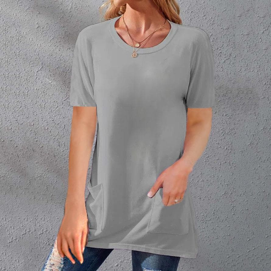 Summer Women's T-shirt Solid Color Tops Short Sleeve Loose Crew Neck Pocket T-shirt S grey