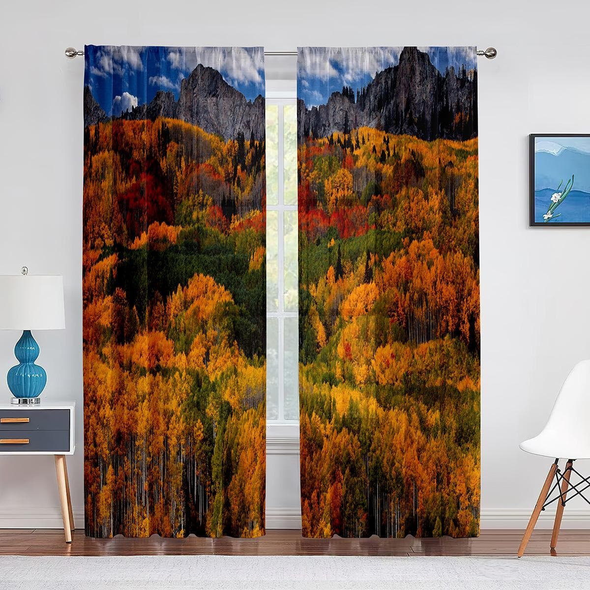 Fall Forest Tulle Curtains for Living Room Bedroom Decoration Autumn Trees Woodland Sunshine Nature Scenery Sheer Voile Curtain 1 PCS W100XH250cm&Grommet Top