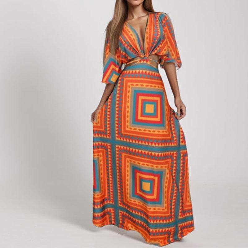 Spring New Women's Fashion Printed Sexy Deep V Waist-exposed Strap Dress 3XL