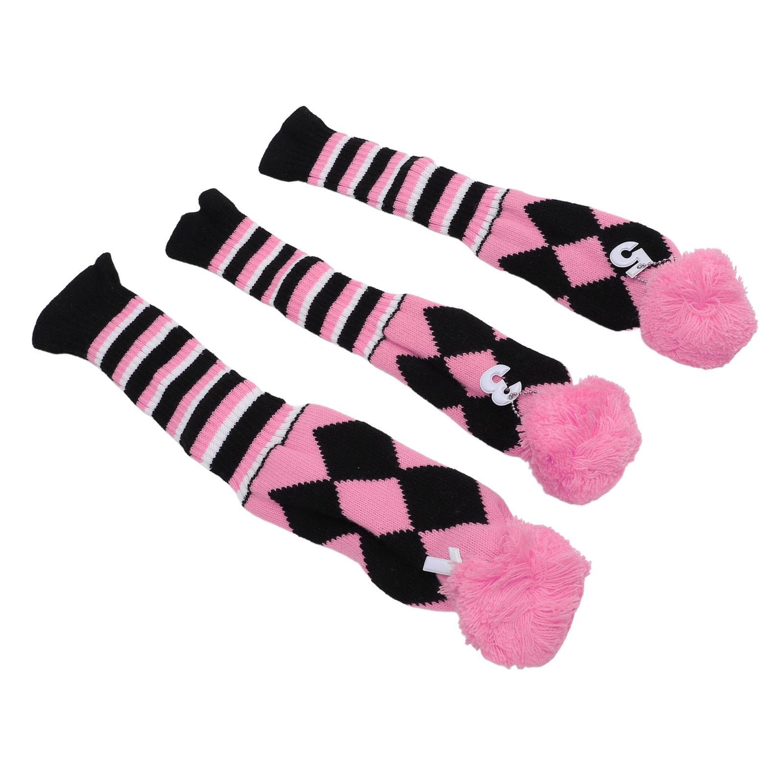 3PCS Knitted Golf Club Head Covers Fine Pattern Protective Golf Club Headcovers Set with Pom Pom