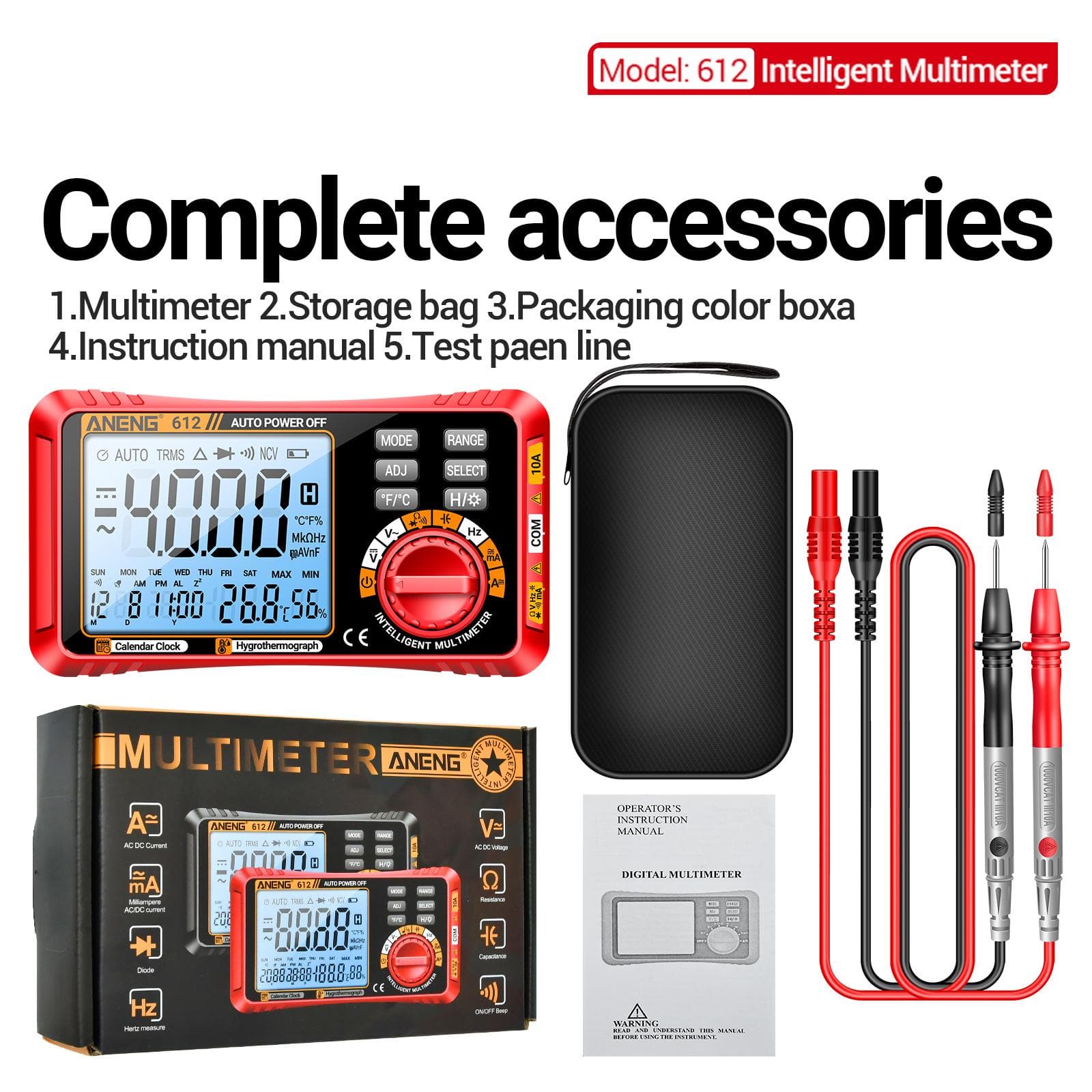 ANENG 612 Smart 3 in 1 Digital Multimeter Perpetual Calendar Temperature and Humidity Ammeter red