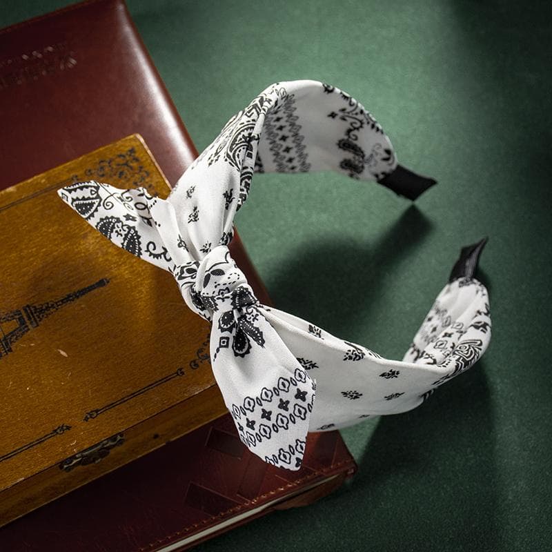 Fashion Cotton Cashew Flowers Printing Soft Wide Hairhoop Hair Accessories for Women Casual Bow Cross Ethnic Headband white