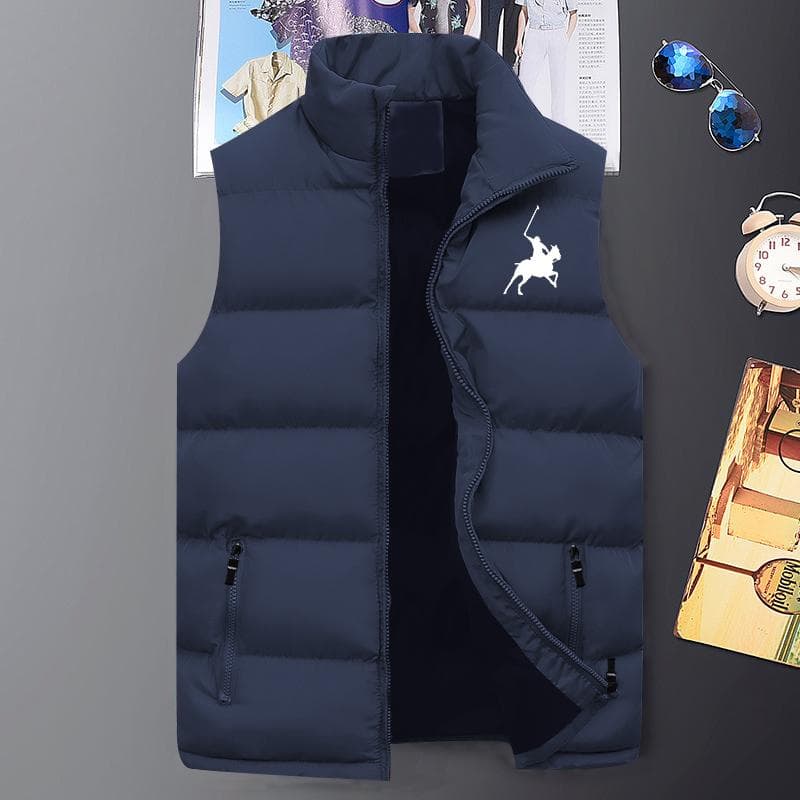 Men's Polo printed sleeveless jacket Men's autumn and winter warmth windproof British style down vest M-5XL M navy blue