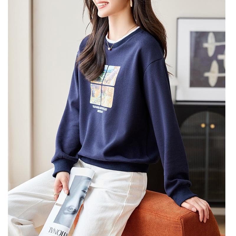 Oil Painting Printed Sweatshirt Women's Loose Slim Autumn Round Neck Pullover Top 2XL blue