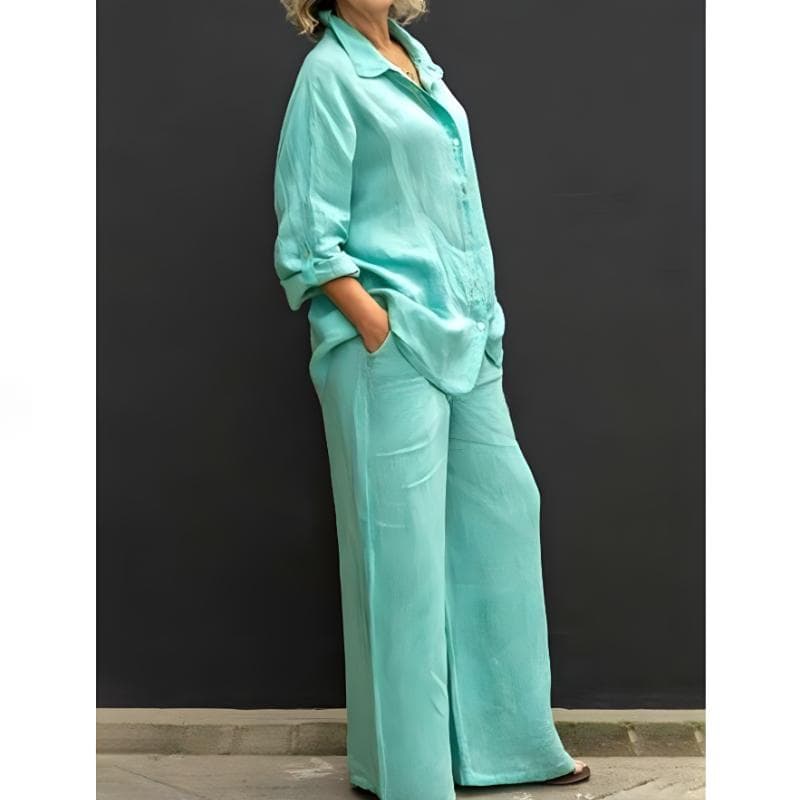 Women Linen Casual Shirt 2 Pieces Set Fashion Lapel Long Sleeve Button Blouse And Trousers Outfits Loose Wide Leg Pants Suits L green