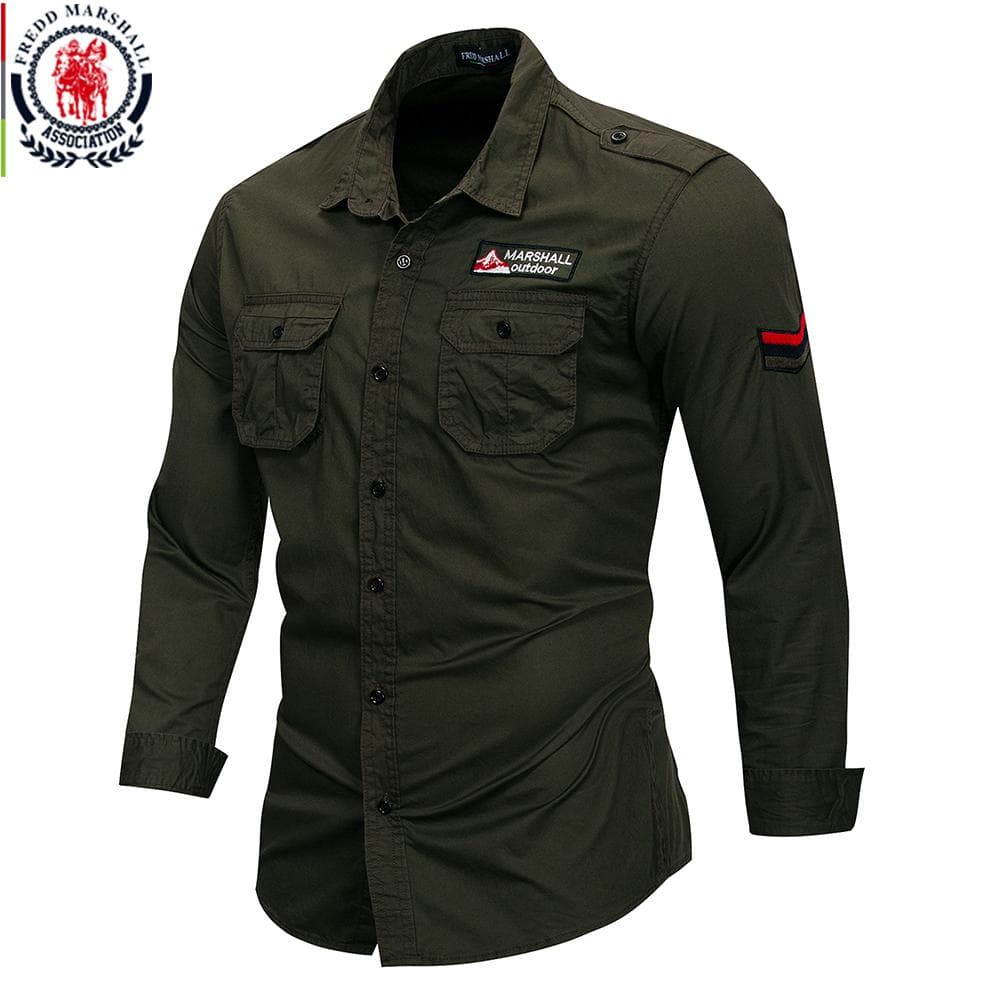 Fredd Marshall 2021 New 100% Cotton Military Shirt Men Long Sleeve Casual Dress Shirt Male Cargo Work Shirts With Embroidery 115 M army green
