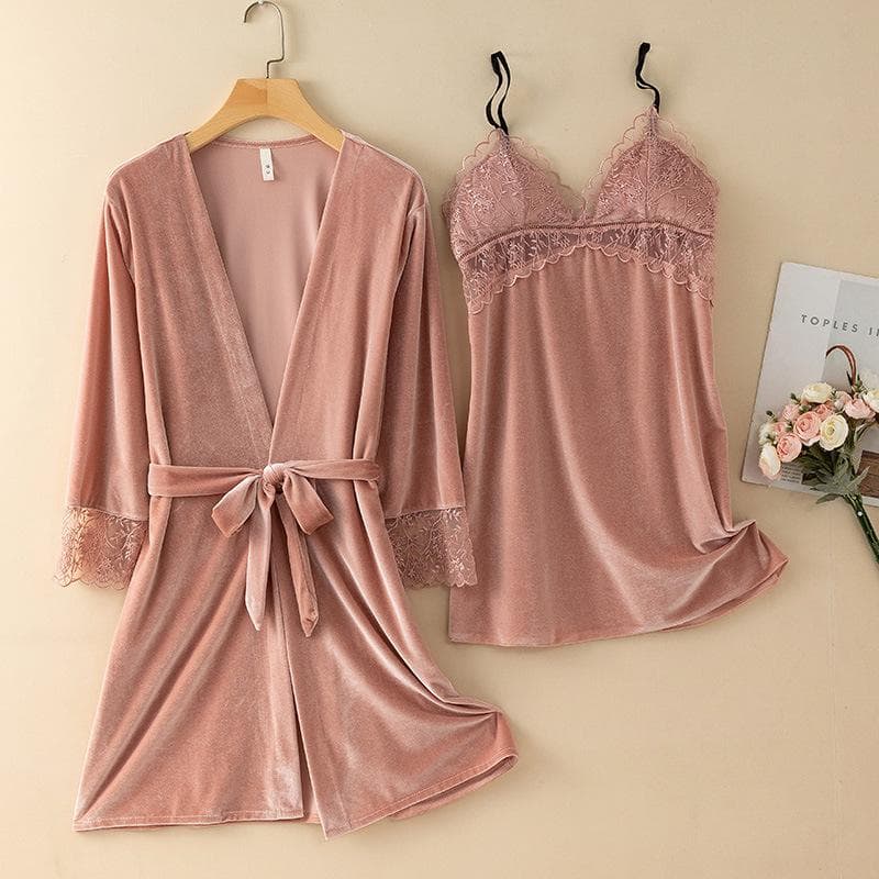 New Autumn Velvet Pajamas Two-piece Robe Set Feminine Lace See-through Robe Bathrobe Casual Velvet Home Clothes L