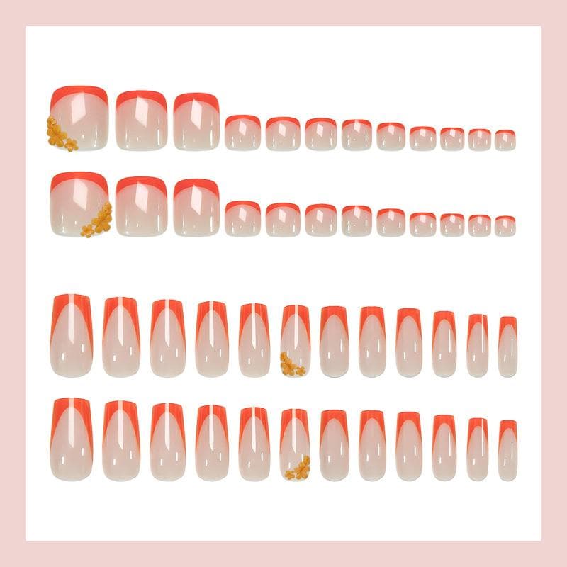 48pcs/set Square Nail Stickers, Orange French Manicure, Floral Pattern, Full Coverage Fake Nails,For Women Girls Summer Manicure Nail Supplies