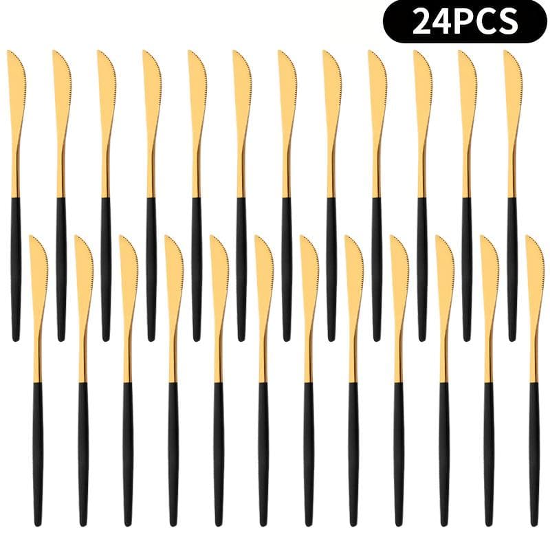 24Pcs White Gold Stainless Steel Flatware Cutlery Set Sharp Dinner Steak Knife Dinnerware Set Home Table Knives Silverware Set gold/black