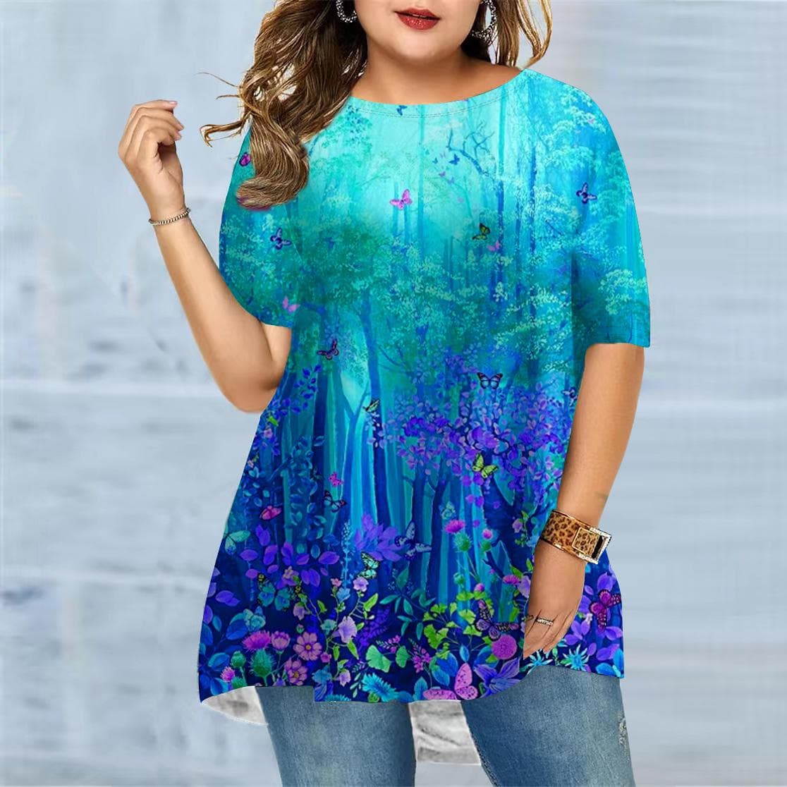 Plus Size Women's Summer Fan Forest Print Comfortable Short Sleeved Round Neck T-shirt Casual Baggy Medium Length T-shirt 4XL blue