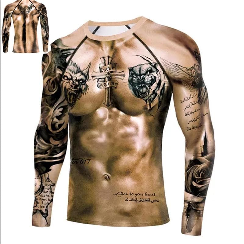 Muscle Tattoo Mens Compression T-shirts Long Sleeve Wolf Dragon Sportswear Rashguard Fitness Gym Tops Tees Streetwear Tshirt L