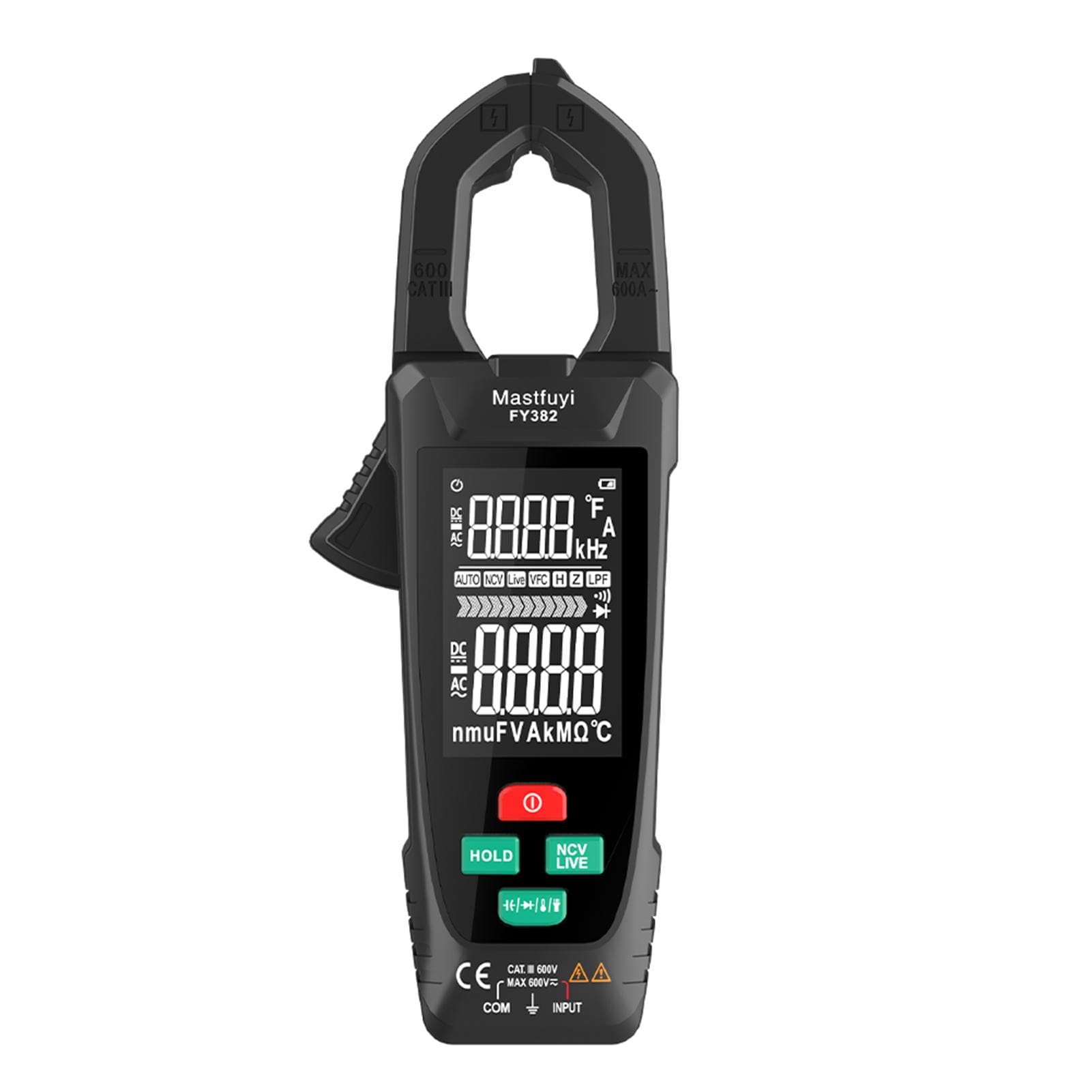Mastfuyi FY382 Smart Clamp Meter True RMS 9999 Counts Digital Multimeter Temperature Tester LCD black