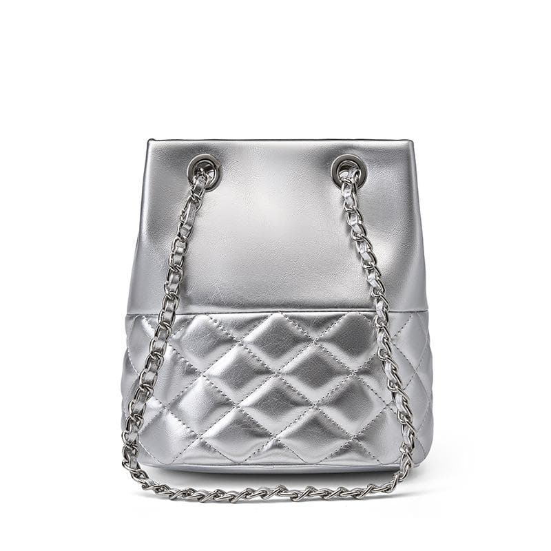 Leather Small Fragrant Wind Rhombus Chain Bucket Bag Senior Sense Niche Single Shoulder Crossbody Bag Woman silver