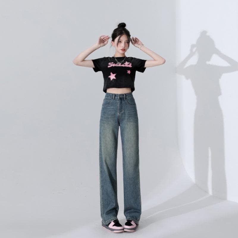 Spring and Summer New Pocket Contrasting Color Wide-leg Jeans for Women Retro Straight Floor Trousers for Women 2XL