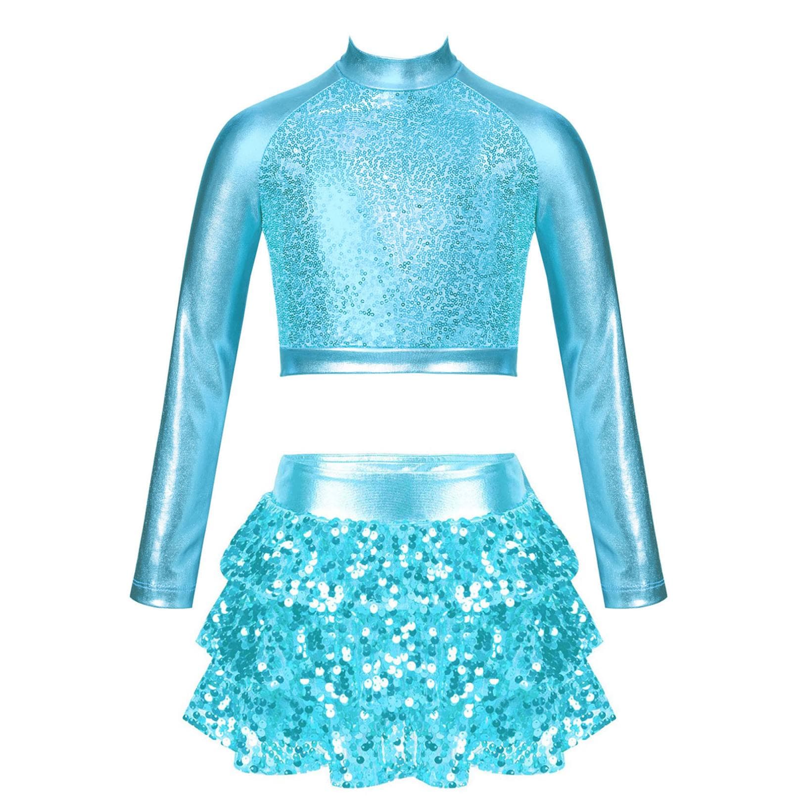 Kids Girls Shiny Sequins Jazz Hip Hop Dance Outfits Modern Dancing Costumes Performance Dancewear 6-16 Years 9-10 Years light blue